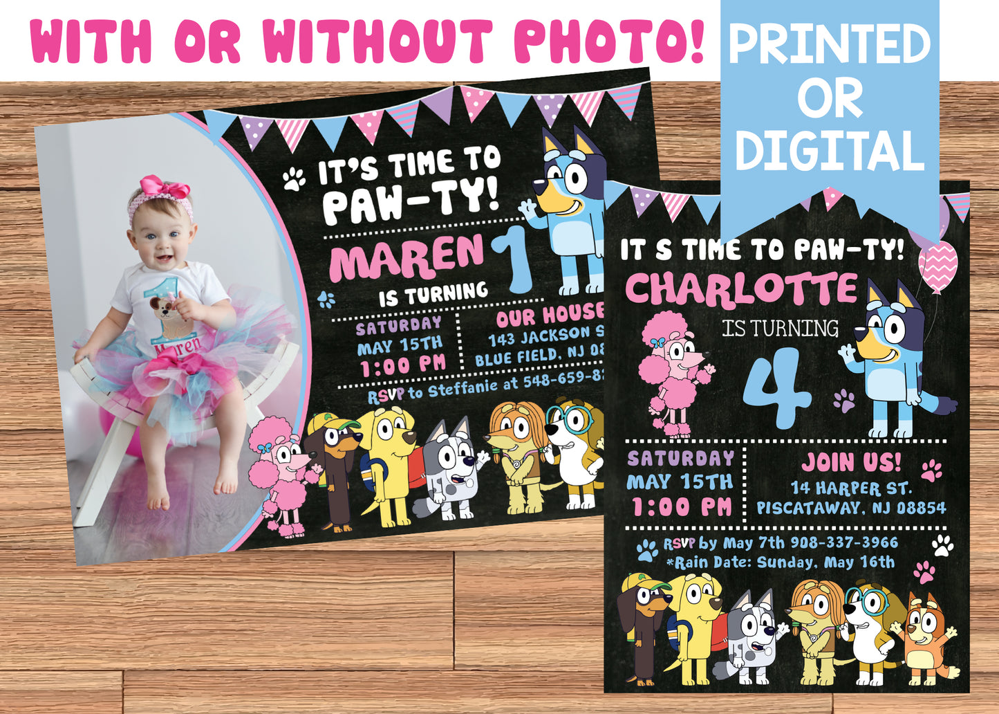 BLUEY Girl Birthday Party Invitation with or without Photo - Printed or Digital File!