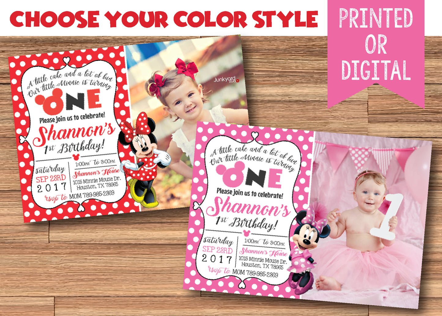 RED or PINK Polka-dot Minnie Mouse Birthday Invitation with Photo! Printed or Digital!