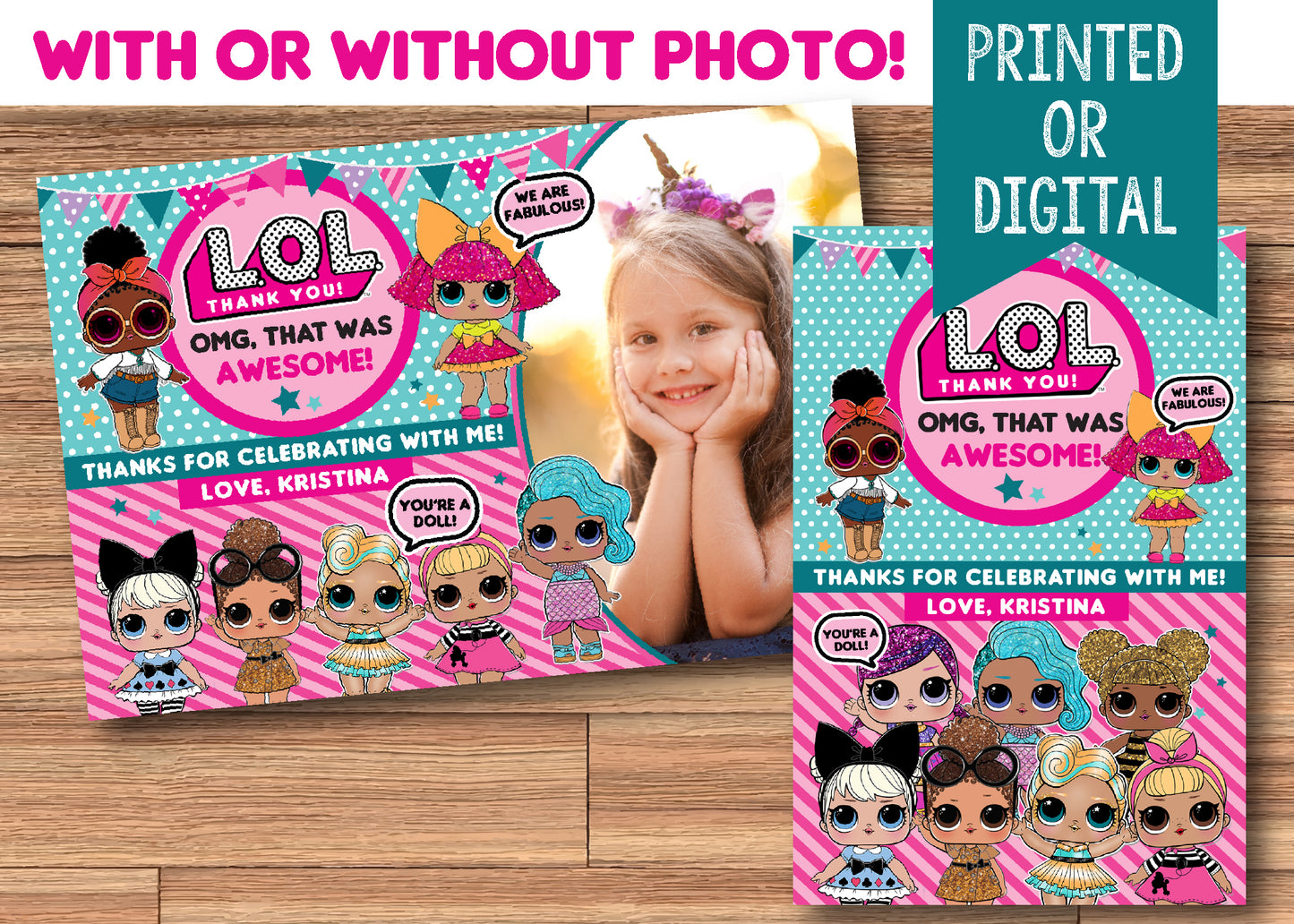 LOL DOLLS Thank You Birthday Card With or Without Photo! Printed or Digital File!