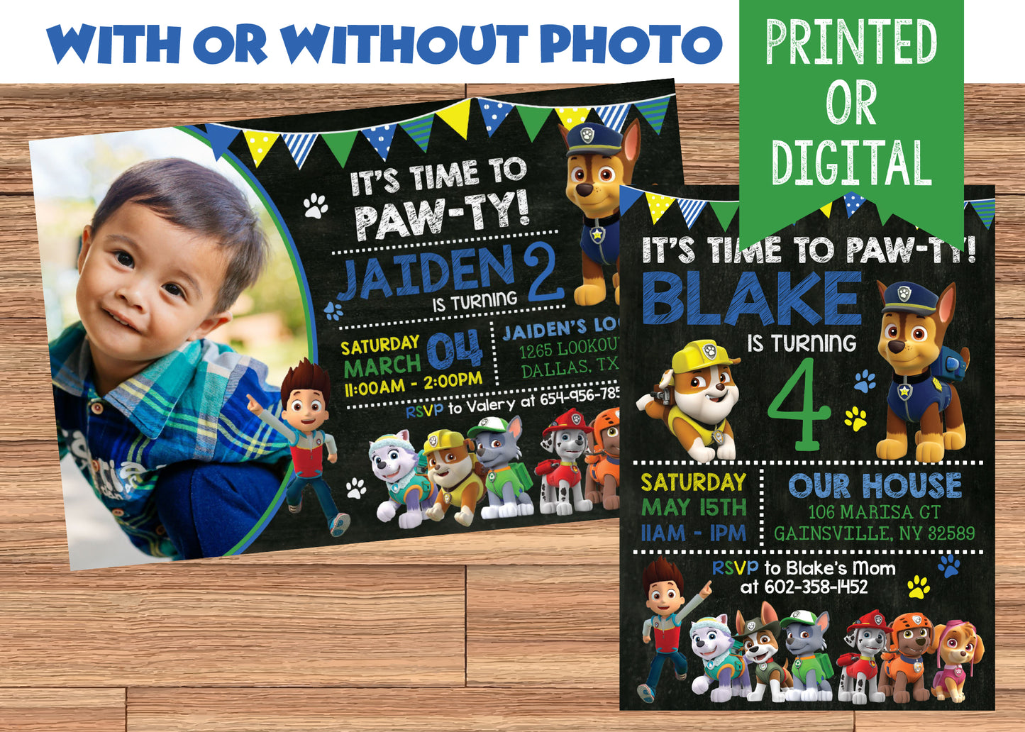 PAW PATROL Boy Digital or Printed Chalkboard Birthday Party Invitation with or without Photo!
