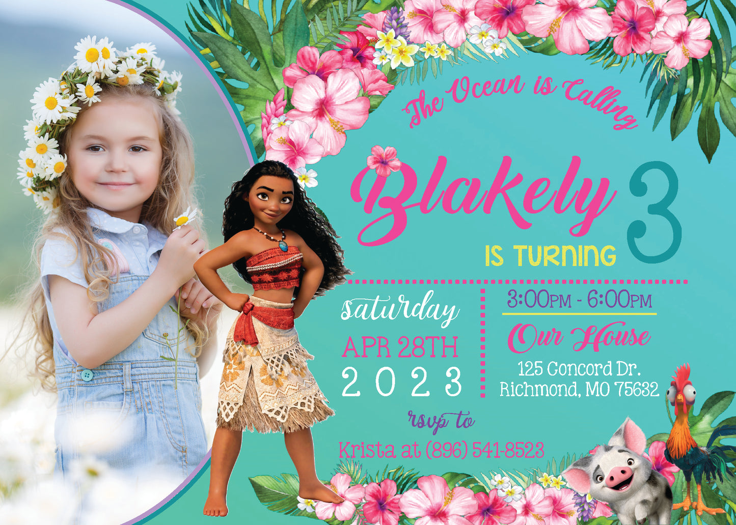 MOANA Digital or Printed Birthday Party Invitation with Photo!