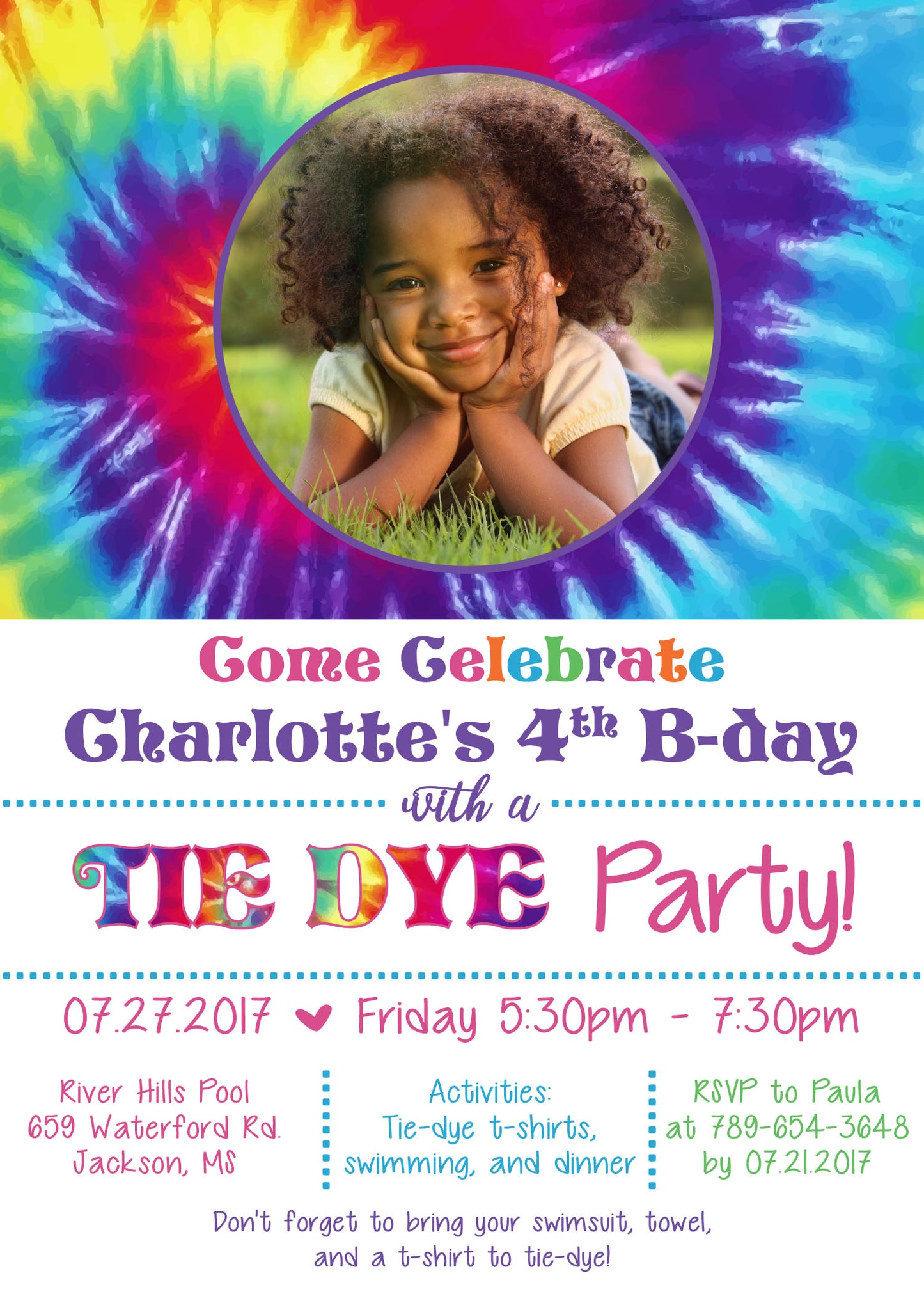 TIE DYE PARTY Birthday Invitation with or without Photo - Printed or Digital File!