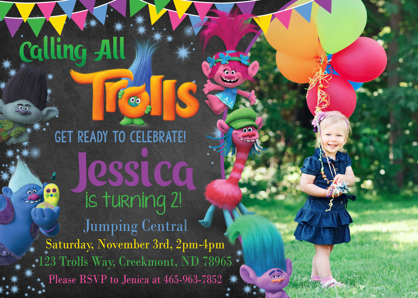 TROLLS Poppy, Branch, Cooper Birthday Party Invitation With Photo! Printed or Digital!