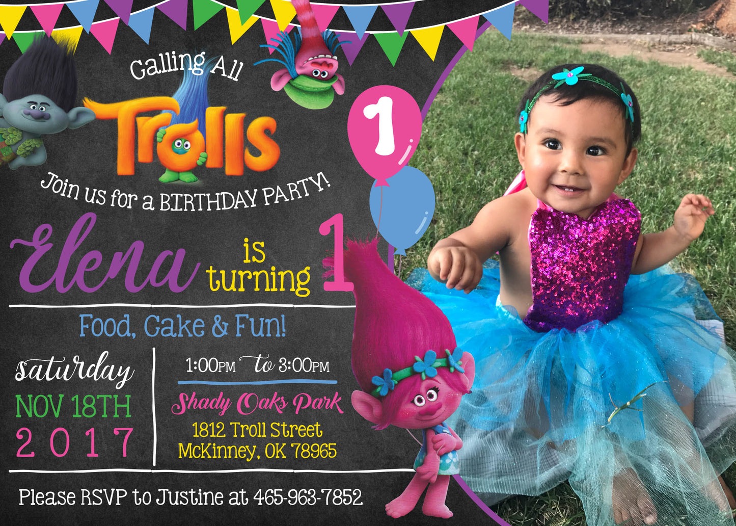 TROLLS Poppy and Branch Fun Birthday Party Invitation With Photo! Printed or Digital!